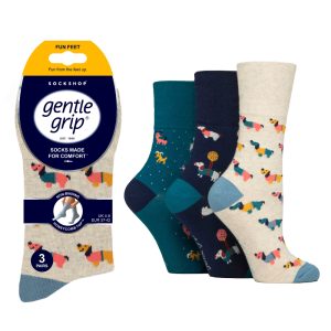Ladies 3 Pack Gentle Grip Socks - Dog Design