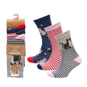 Ladies 3 Pack Bamboo Socks - Cat Design